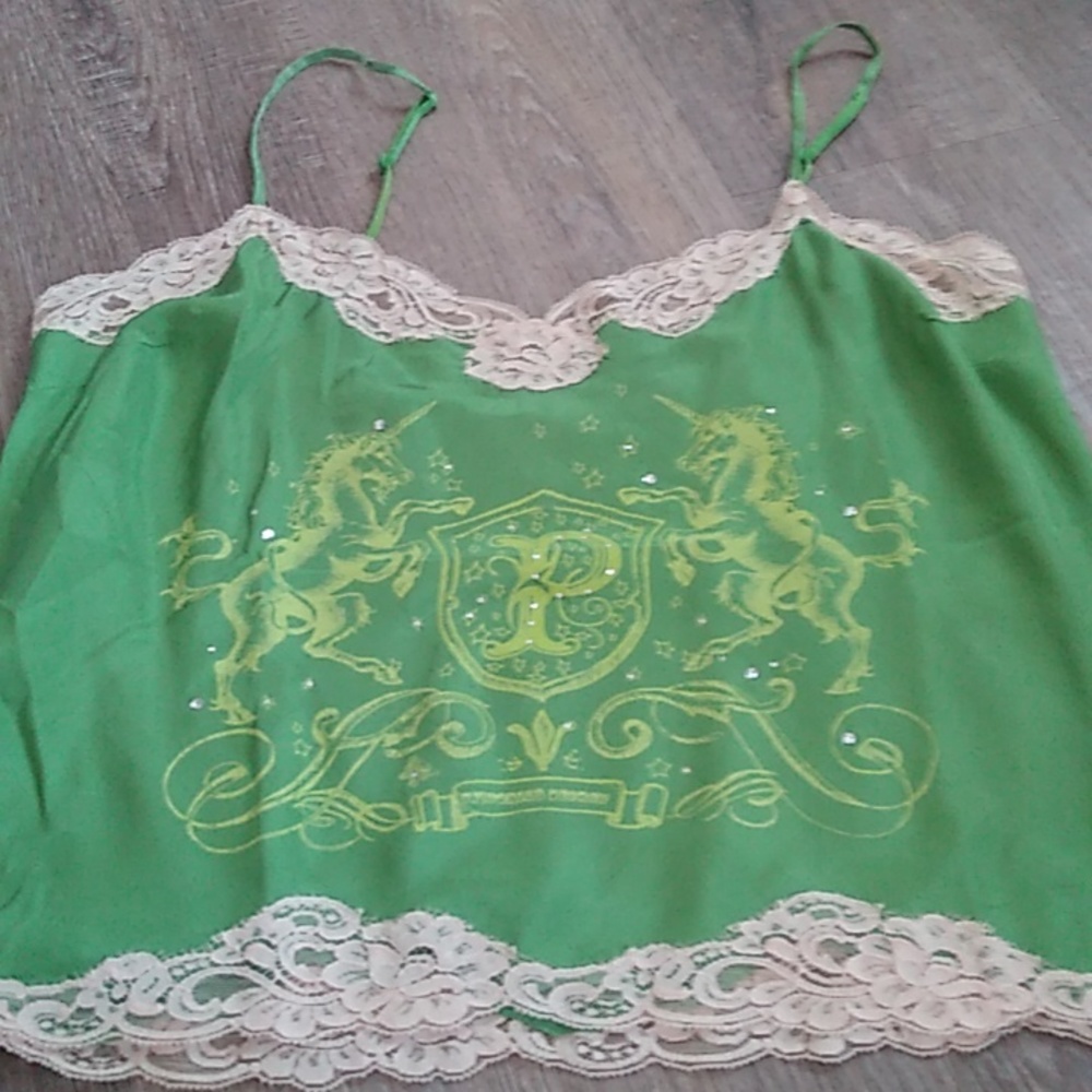 PINK silky camisole with lace trim and embellishments
